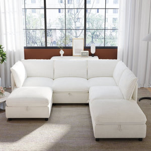 English Elm Modular Six Seat Sectional Sofa with Hidden Storage and Breathable Fabric Upholstery White W680S00217