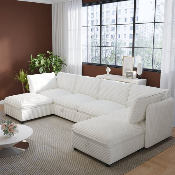 English Elm Modular Six Seat Sectional Sofa with Hidden Storage and Breathable Fabric Upholstery White W680S00217