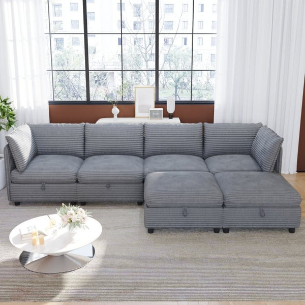 English Elm Modular Six Seat Sectional Sofa with Hidden Storage and Breathable Fabric Upholstery Gray W680S00218