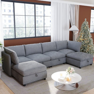 English Elm Modular Six Seat Sectional Sofa with Hidden Storage and Breathable Fabric Upholstery Gray W680S00218