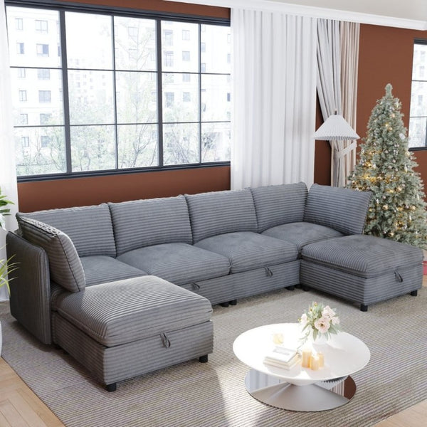 English Elm Modular Six Seat Sectional Sofa with Hidden Storage and Breathable Fabric Upholstery Gray W680S00218