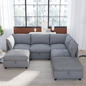 English Elm Modular Six Seat Sectional Sofa with Hidden Storage and Breathable Fabric Upholstery Gray W680S00218