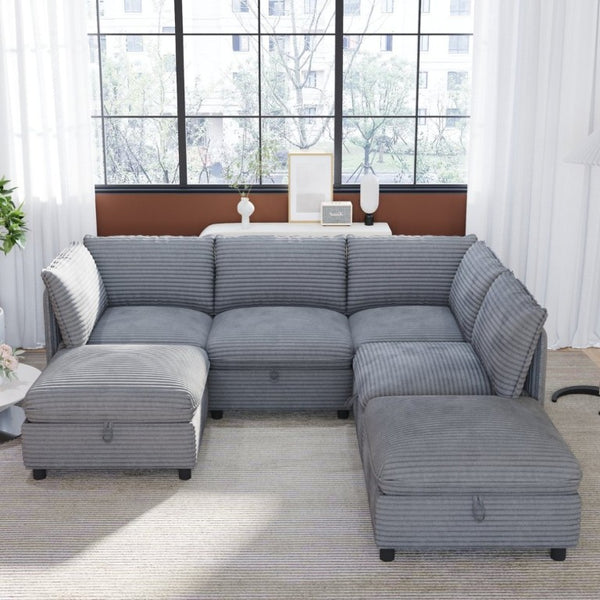 English Elm Modular Six Seat Sectional Sofa with Hidden Storage and Breathable Fabric Upholstery Gray W680S00218