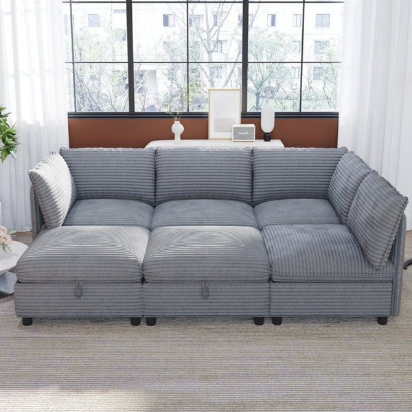 English Elm Modular Six Seat Sectional Sofa with Hidden Storage and Breathable Fabric Upholstery Gray W680S00218