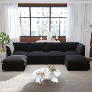 English Elm Modular Six Seat Sectional Sofa with Hidden Storage and Breathable Fabric Upholstery Black W680S00219