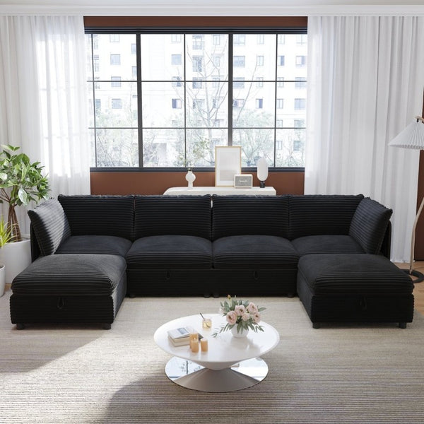 English Elm Modular Six Seat Sectional Sofa with Hidden Storage and Breathable Fabric Upholstery Black W680S00219