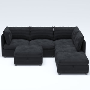 English Elm Modular Six Seat Sectional Sofa with Hidden Storage and Breathable Fabric Upholstery Black W680S00219