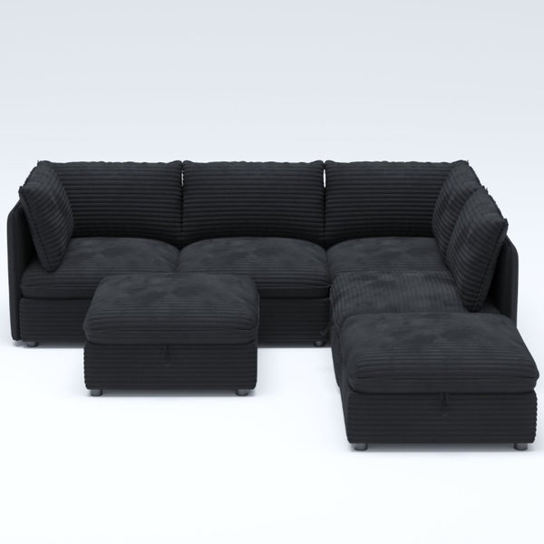 English Elm Modular Six Seat Sectional Sofa with Hidden Storage and Breathable Fabric Upholstery Black W680S00219