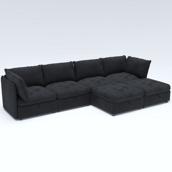English Elm Modular Six Seat Sectional Sofa with Hidden Storage and Breathable Fabric Upholstery Black W680S00219
