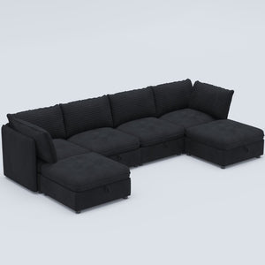 English Elm Modular Six Seat Sectional Sofa with Hidden Storage and Breathable Fabric Upholstery Black W680S00219