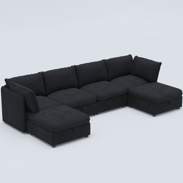English Elm Modular Six Seat Sectional Sofa with Hidden Storage and Breathable Fabric Upholstery Black W680S00219