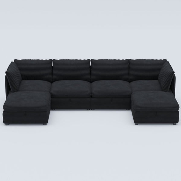 English Elm Modular Six Seat Sectional Sofa with Hidden Storage and Breathable Fabric Upholstery Black W680S00219