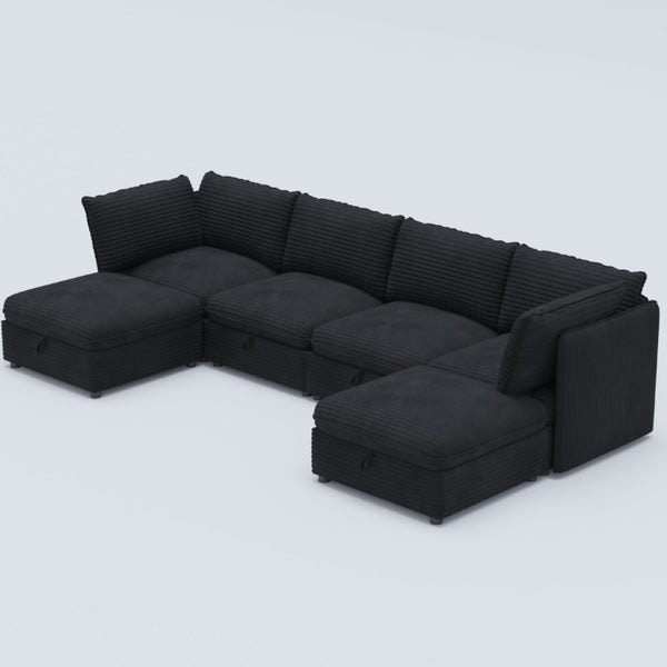 English Elm Modular Six Seat Sectional Sofa with Hidden Storage and Breathable Fabric Upholstery Black W680S00219