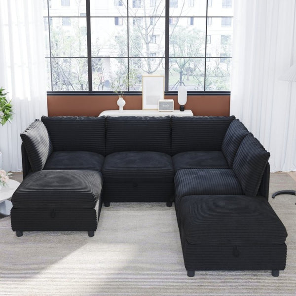 English Elm Modular Six Seat Sectional Sofa with Hidden Storage and Breathable Fabric Upholstery Black W680S00219