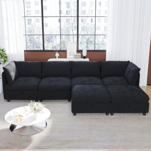 English Elm Modular Six Seat Sectional Sofa with Hidden Storage and Breathable Fabric Upholstery Black W680S00219