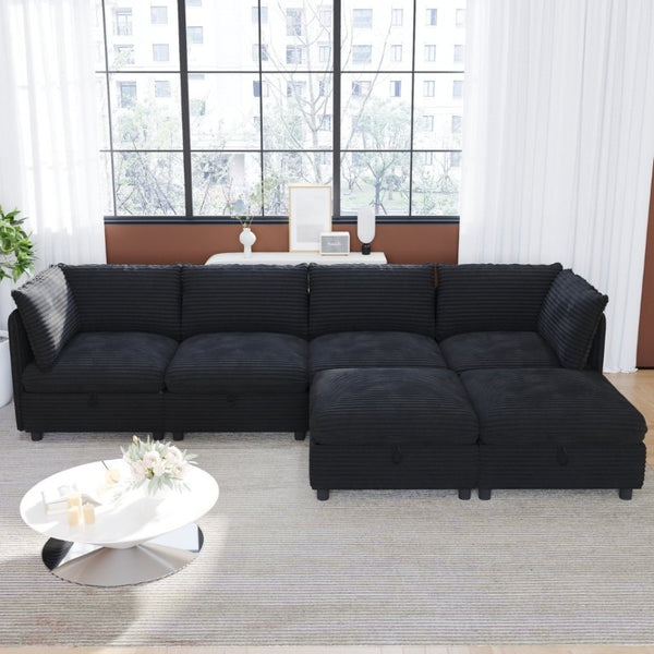 English Elm Modular Six Seat Sectional Sofa with Hidden Storage and Breathable Fabric Upholstery Black W680S00219