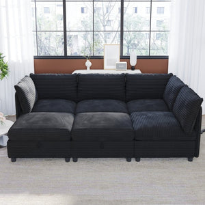 English Elm Modular Six Seat Sectional Sofa with Hidden Storage and Breathable Fabric Upholstery Black W680S00219