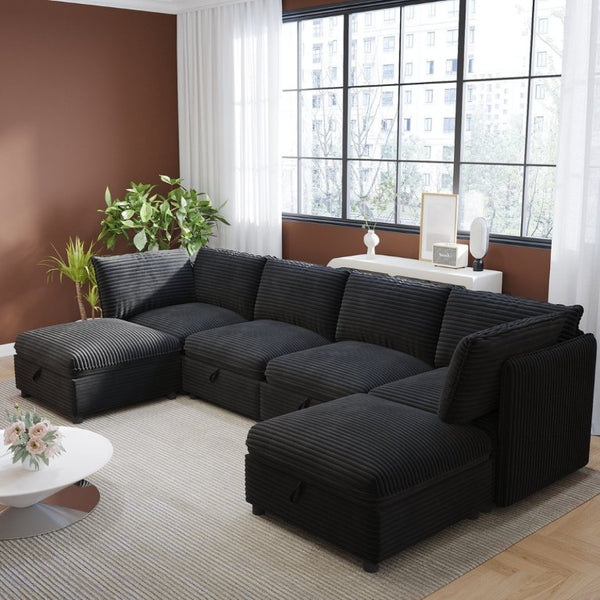 English Elm Modular Six Seat Sectional Sofa with Hidden Storage and Breathable Fabric Upholstery Black W680S00219