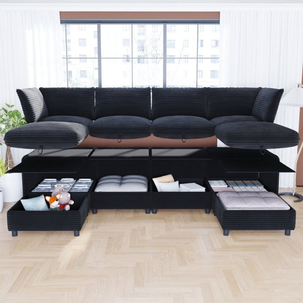 English Elm Modular Six Seat Sectional Sofa with Hidden Storage and Breathable Fabric Upholstery Black W680S00219