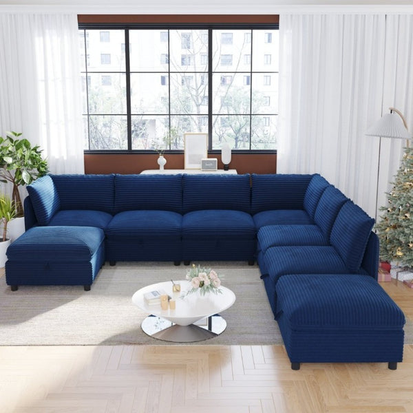 English Elm Modular Sectional Sofa Eight Seat Fabric with Under Storage for Living Room Blue W680S00220