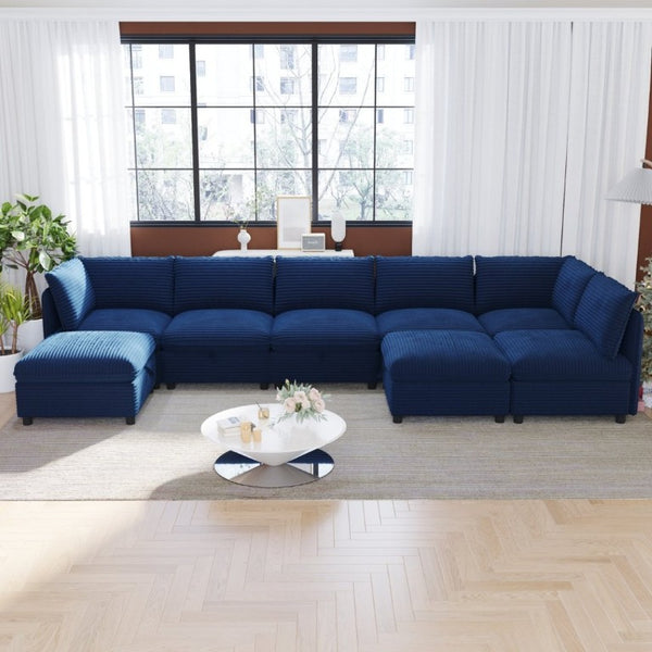 English Elm Modular Sectional Sofa Eight Seat Fabric with Under Storage for Living Room Blue W680S00220