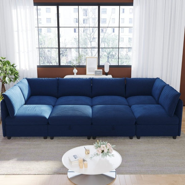 English Elm Modular Sectional Sofa Eight Seat Fabric with Under Storage for Living Room Blue W680S00220
