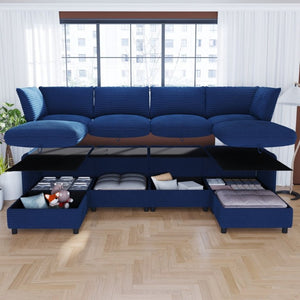 English Elm Modular Sectional Sofa Eight Seat Fabric with Under Storage for Living Room Blue W680S00220