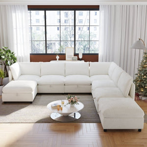 English Elm Modular Sectional Sofa Eight Seat Fabric with Under Storage for Living Room White W680S00221