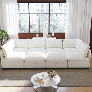 English Elm Modular Sectional Sofa Eight Seat Fabric with Under Storage for Living Room White W680S00221