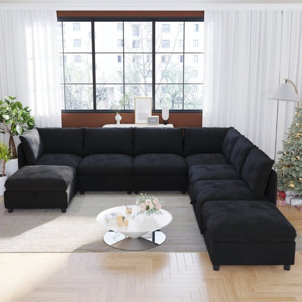 English Elm Modular Sectional Sofa Eight Seat Fabric with Under Storage for Living Room Black W680S00222
