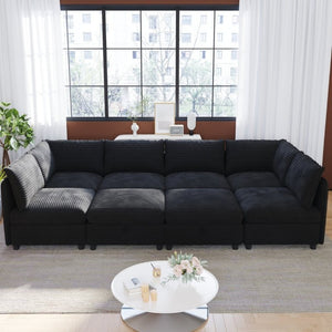 English Elm Modular Sectional Sofa Eight Seat Fabric with Under Storage for Living Room Black W680S00222
