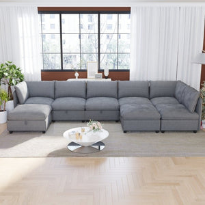 English Elm Modular Sectional Sofa Eight Seat Fabric with Under Storage for Living Room Gray W680S00223