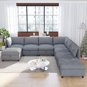 English Elm Modular Sectional Sofa Eight Seat Fabric with Under Storage for Living Room Gray W680S00223