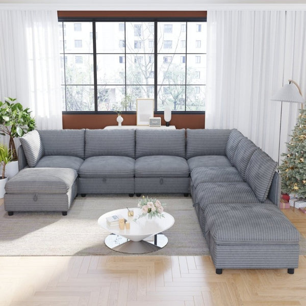 English Elm Modular Sectional Sofa Eight Seat Fabric with Under Storage for Living Room Gray W680S00223