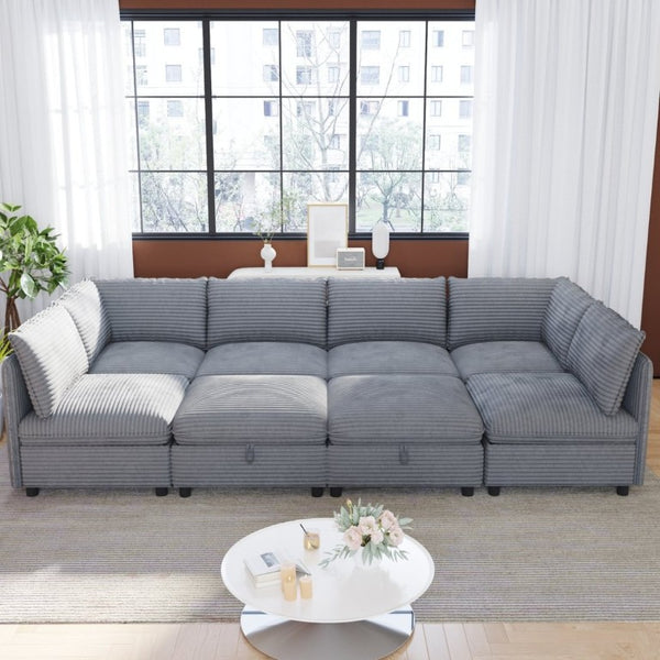 English Elm Modular Sectional Sofa Eight Seat Fabric with Under Storage for Living Room Gray W680S00223