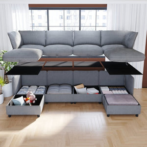 English Elm Modular Sectional Sofa Eight Seat Fabric with Under Storage for Living Room Gray W680S00223