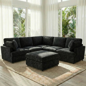 English Elm Reconfigurable Modular Cloud Sectional with Deep Linen Seats and Flexible Chaise Layout Black W680S00225