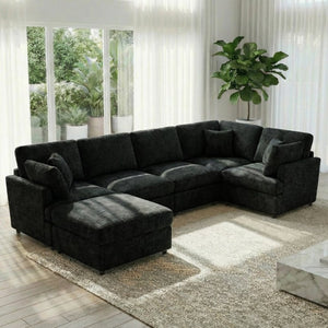 English Elm Reconfigurable Modular Cloud Sectional with Deep Linen Seats and Flexible Chaise Layout Black W680S00225