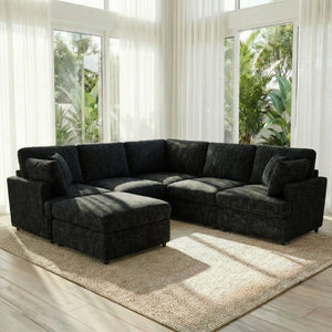 English Elm Reconfigurable Modular Cloud Sectional with Deep Linen Seats and Flexible Chaise Layout Black W680S00225