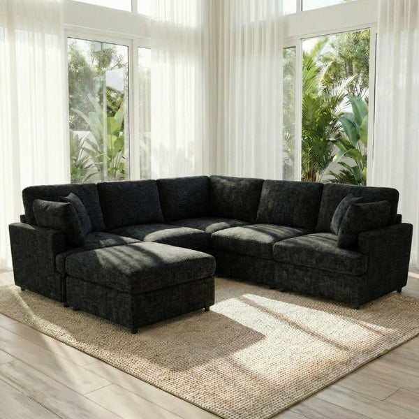 English Elm Reconfigurable Modular Cloud Sectional with Deep Linen Seats and Flexible Chaise Layout Black W680S00225