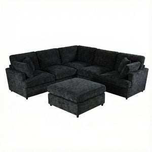 English Elm Reconfigurable Modular Cloud Sectional with Deep Linen Seats and Flexible Chaise Layout Black W680S00225
