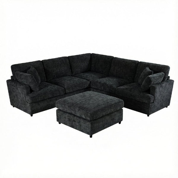 English Elm Reconfigurable Modular Cloud Sectional with Deep Linen Seats and Flexible Chaise Layout Black W680S00225