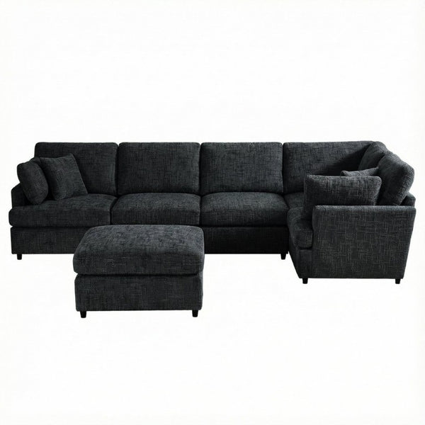 English Elm Reconfigurable Modular Cloud Sectional with Deep Linen Seats and Flexible Chaise Layout Black W680S00225