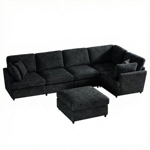 English Elm Reconfigurable Modular Cloud Sectional with Deep Linen Seats and Flexible Chaise Layout Black W680S00225
