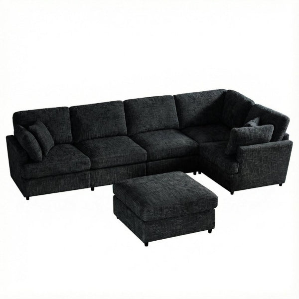 English Elm Reconfigurable Modular Cloud Sectional with Deep Linen Seats and Flexible Chaise Layout Black W680S00225
