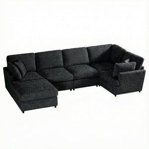 English Elm Reconfigurable Modular Cloud Sectional with Deep Linen Seats and Flexible Chaise Layout Black W680S00225