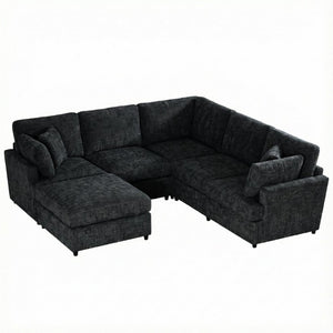 English Elm Reconfigurable Modular Cloud Sectional with Deep Linen Seats and Flexible Chaise Layout Black W680S00225