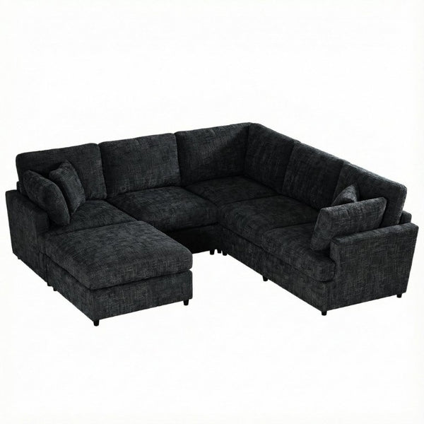 English Elm Reconfigurable Modular Cloud Sectional with Deep Linen Seats and Flexible Chaise Layout Black W680S00225