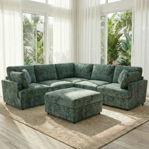 English Elm Reconfigurable Modular Cloud Sectional with Deep Linen Seats and Flexible Chaise Layout Green W680S00226