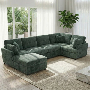 English Elm Reconfigurable Modular Cloud Sectional with Deep Linen Seats and Flexible Chaise Layout Green W680S00226